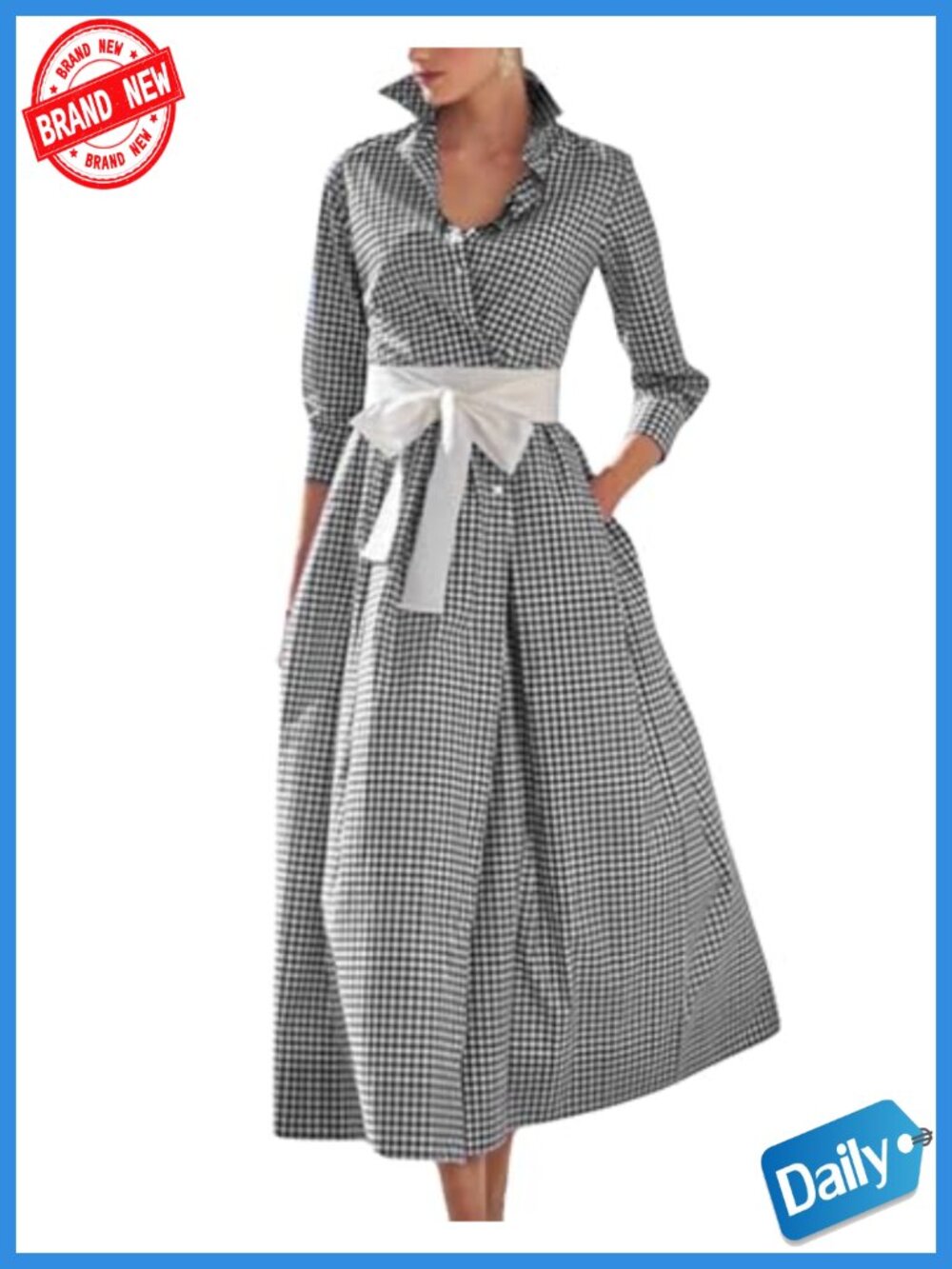 Retro Plaid Button Up Maxi Shirt Dress 3/4 Sleeve Pocketed with Belt - Picture 1 of 2
